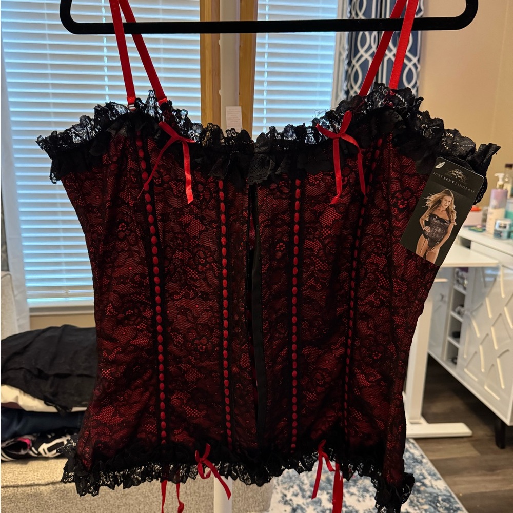 Black Lace Corset with Red Accents